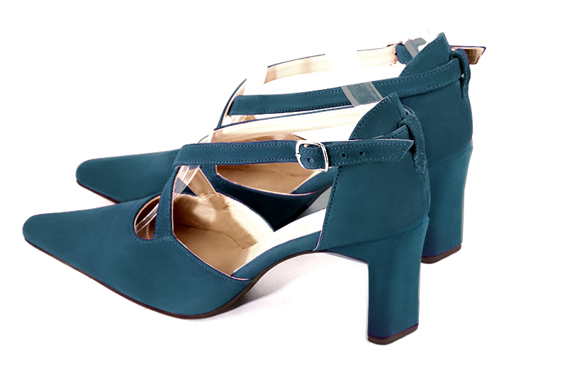 Peacock blue women's open side shoes, with crossed straps. Tapered toe. High comma heels. Rear view - Florence KOOIJMAN